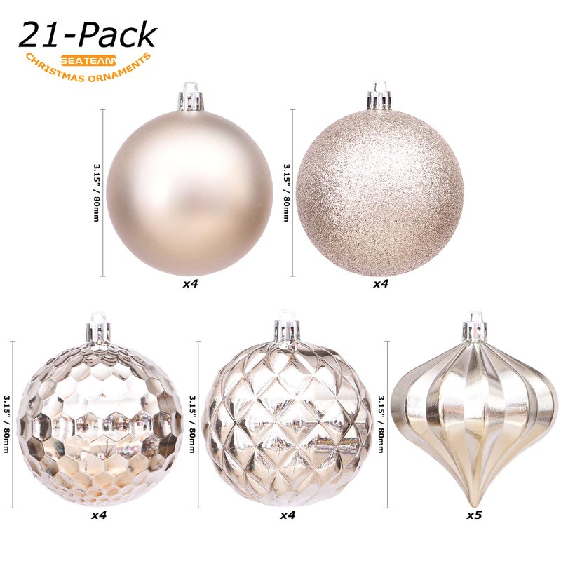 Sea Team 21-Pack Christmas Ball Ornaments with Strings, 80mm/3.15-Inch Large Size Baubles, Shatterproof Plastic Christmas Bulbs, Hanging Decorations for Xmas Tree, Holiday, Wedding, Party, Champagne - Image 2